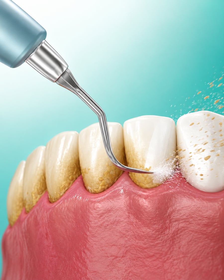 Illustration of tartar being removed from along the gum line during a check-up and clean at Dr Ray & Partners Dental