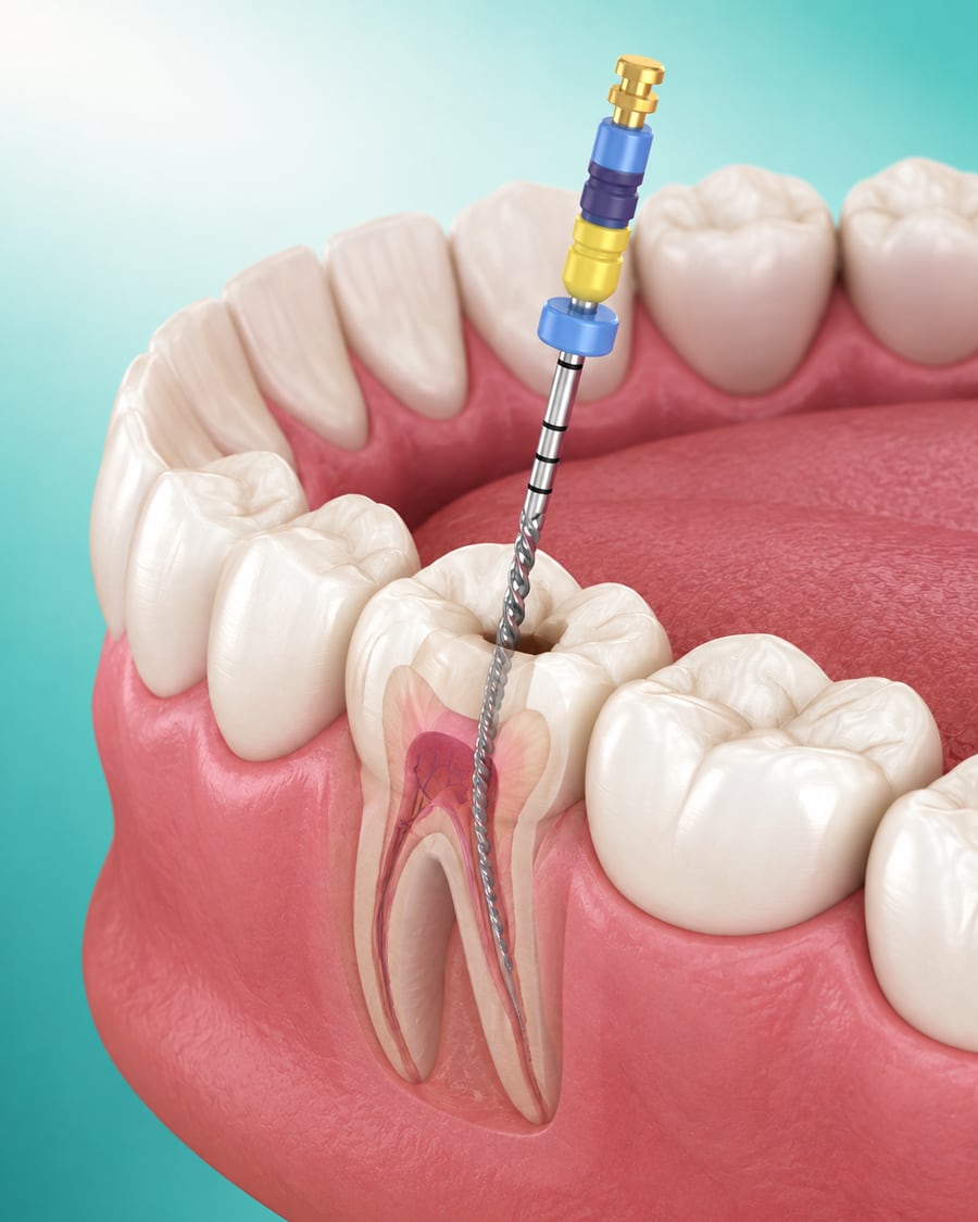 Cross-section illustration of a tooth's root canals being cleaned at Dr Ray & Partners Dental