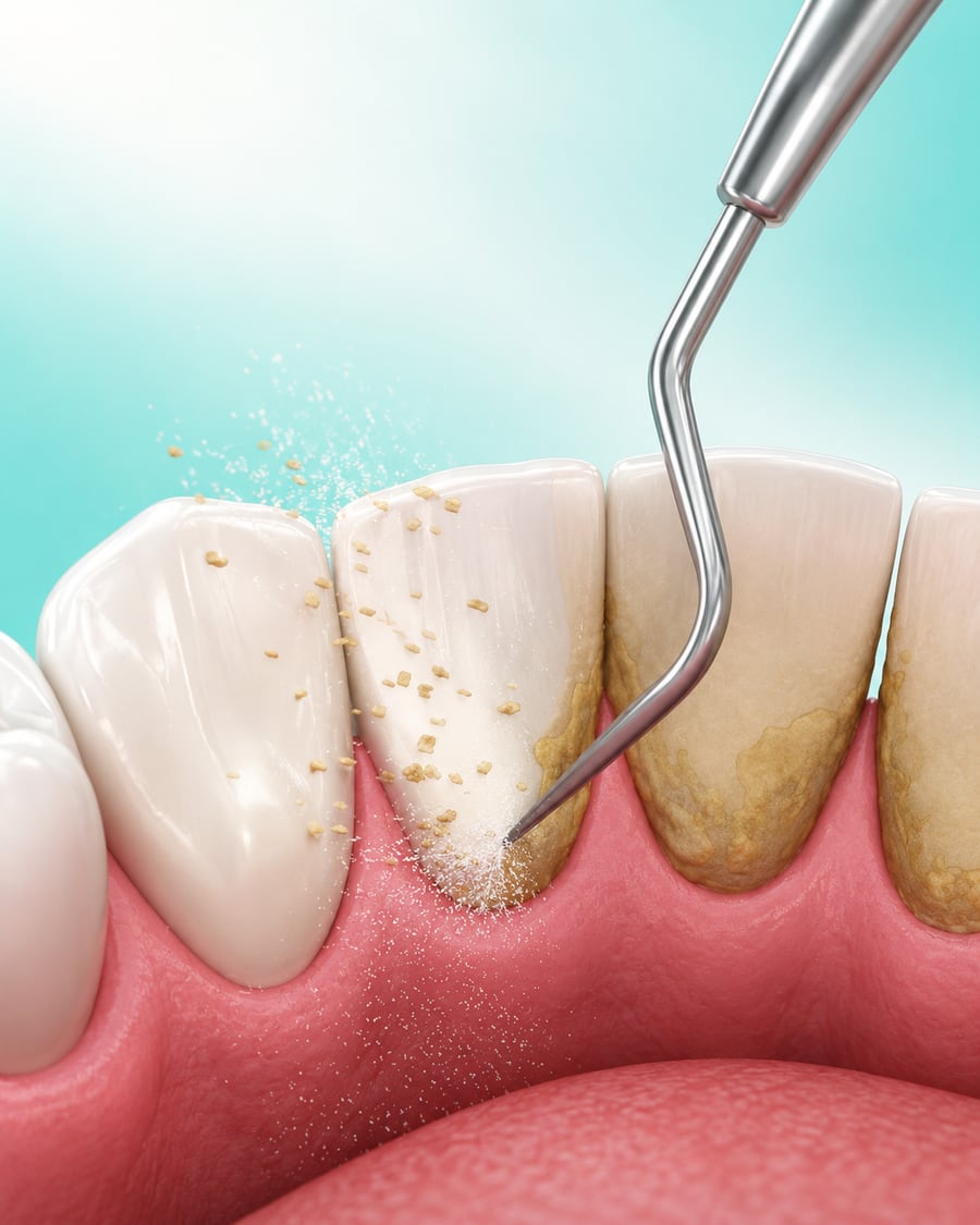 Illustration of plaque and tartar being scaled away from the lower front teeth at Dr Ray & Partners Dental