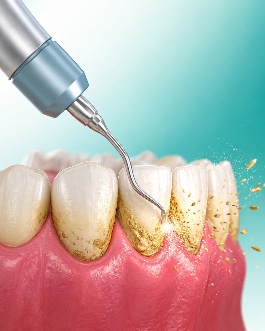 Illustration of an ultrasonic scaler clearing tartar along the gum line at Dr Ray & Partners Dental